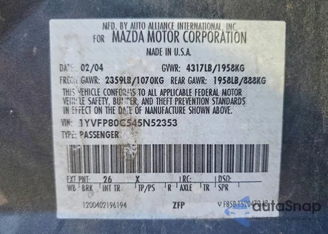2004 Mazda 6 I from USA, damaged, VIN 1YVFP80C545N52353